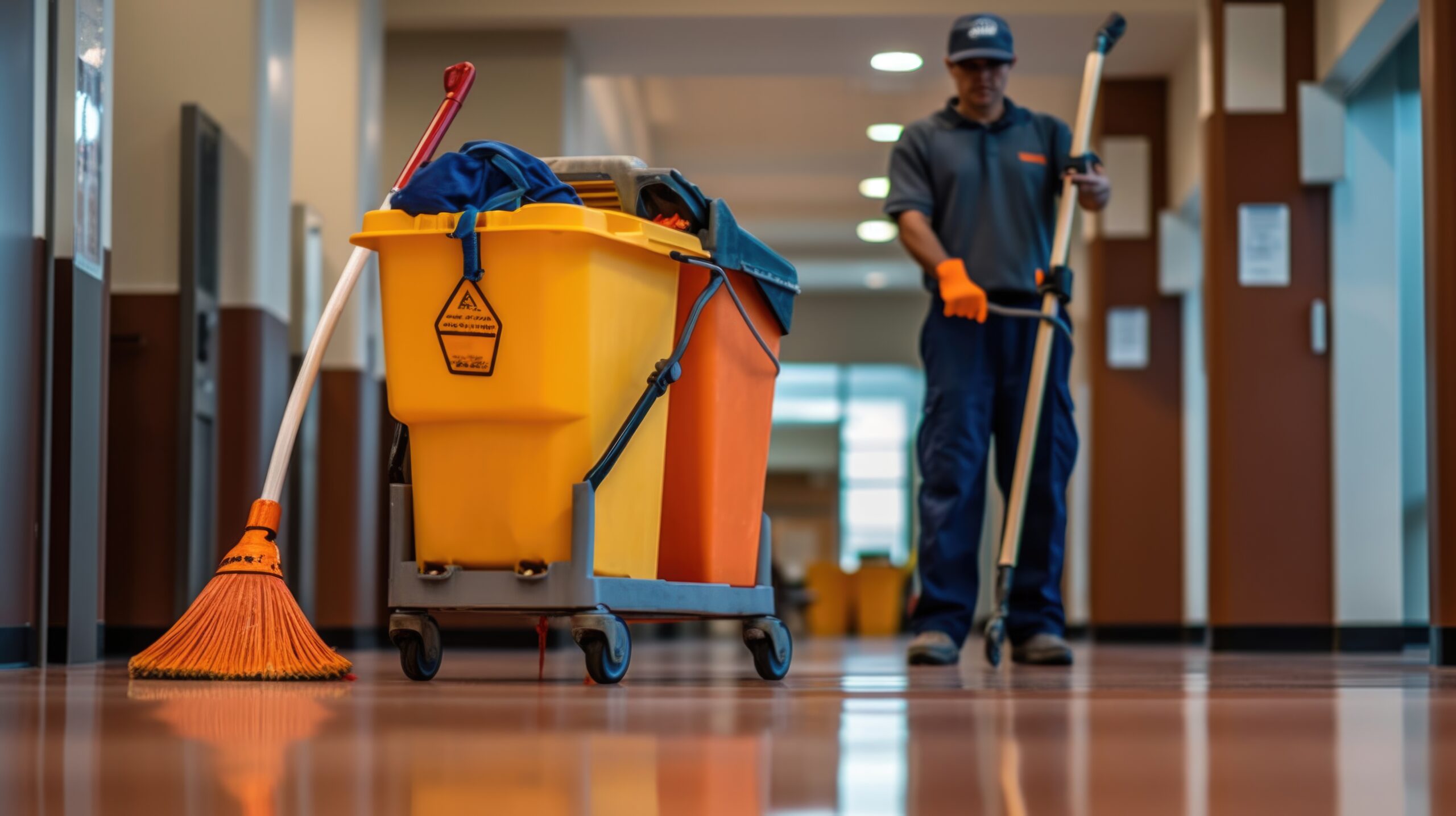 Professional Janitorial Staff Cleaning and Maintaining Public Corridor.