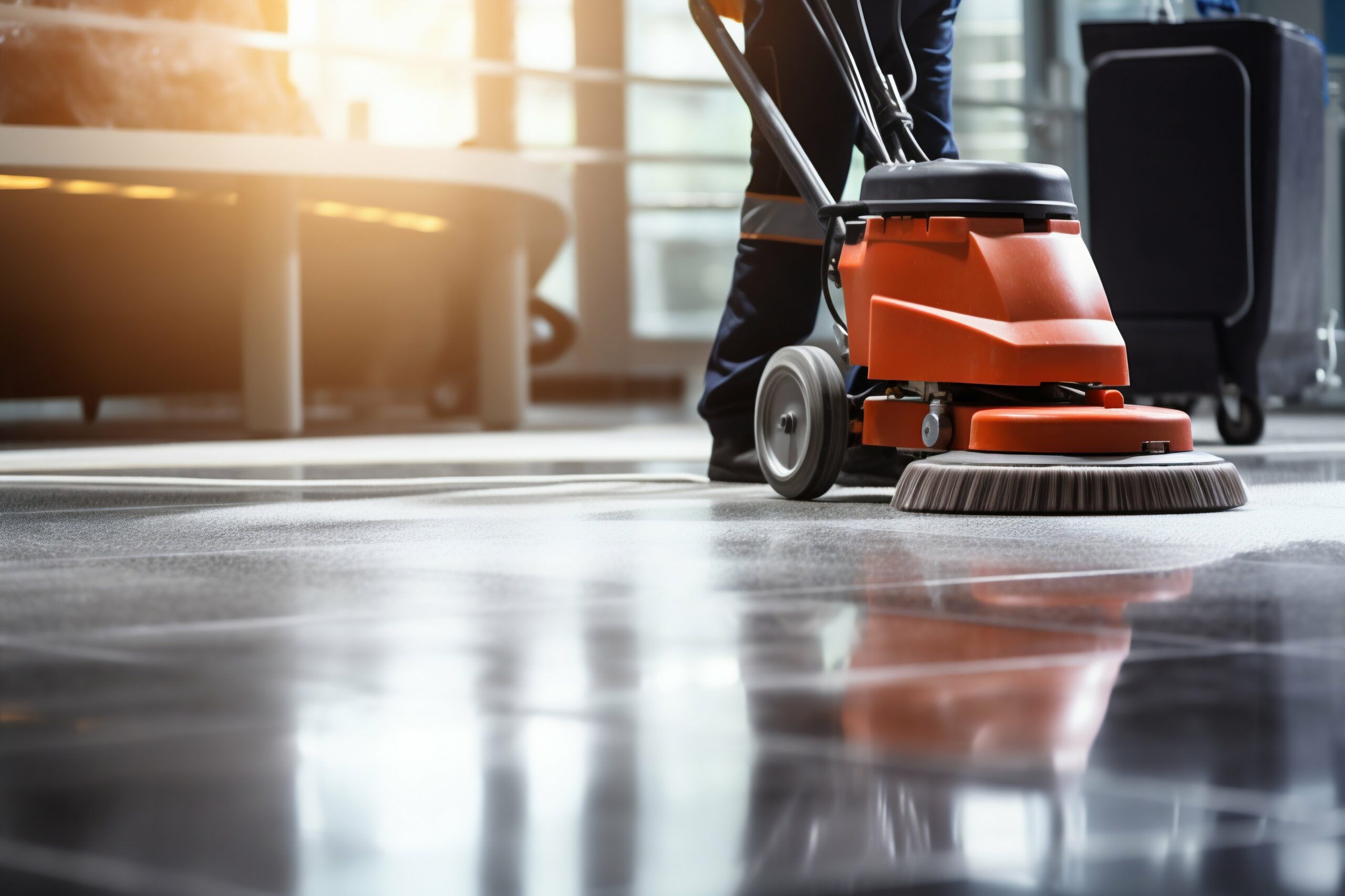 Janitor Cleaning Floor with Polishing Machine Indoors. Generative ai
